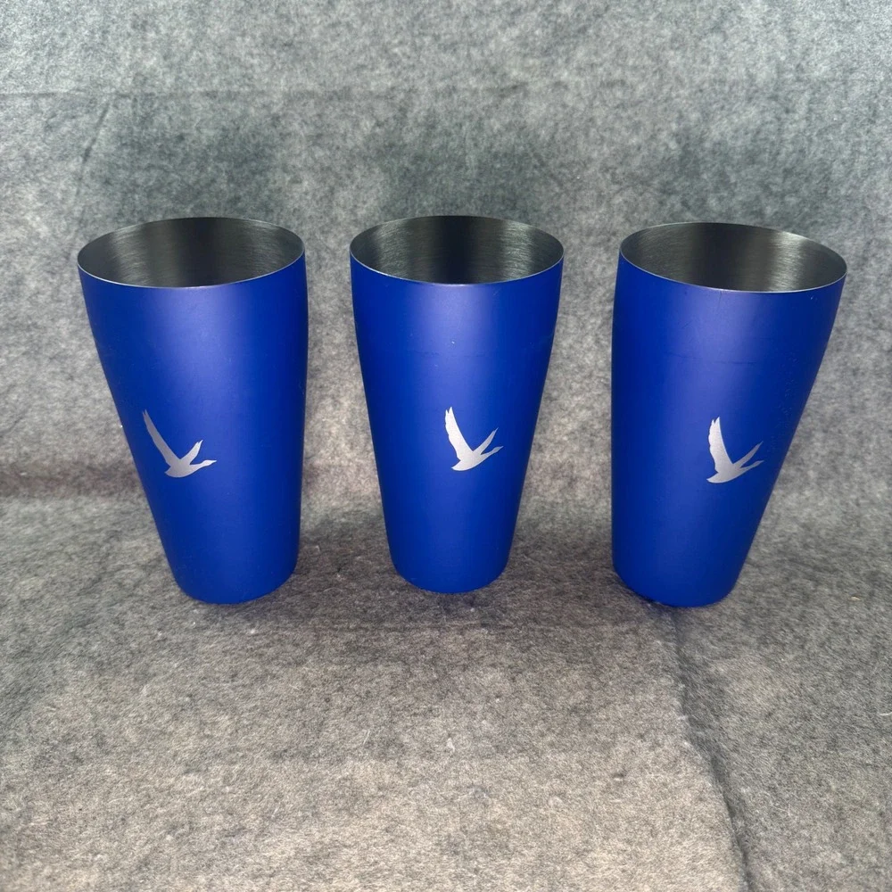 Grey Goose Vodka Blue Metal Tumbler Set of 3 Stainless Steel Barware Cups